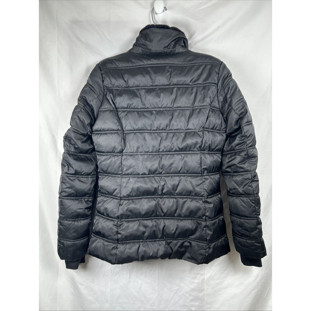 Nautica Black Puffer Jacket Women’s Small Gorpcore Fur Trim Zipper Long Sleeve - Picture 2 of 7